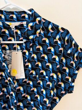 BODEN Thomasina Tie Waist Midi Shirt Dress Toucan Print Women's Size 4R Cotton